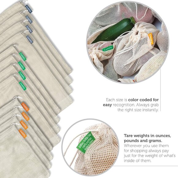 12+1 Reusable Produce Bags Grocery Washable, Organic Cotton Mesh Produce Bags, D - Picture 5 of 8